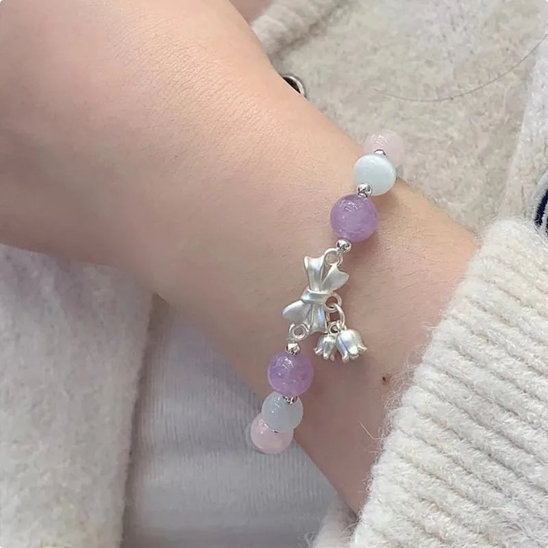 Lavender amethyst opal bracelet with bowknot design and 10mm crystal beads