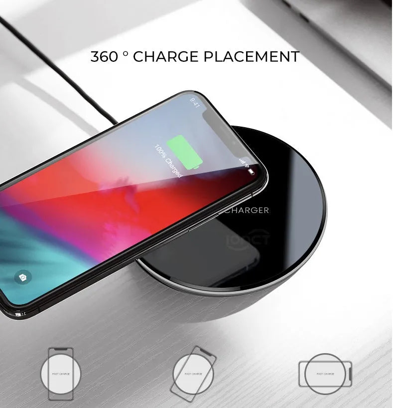 Black 15W QI wireless charger with foreign object detection for charging through phone cases