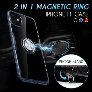 iPhone phone case with car holder arm in navy blue, showing 360-degree rotation and button access