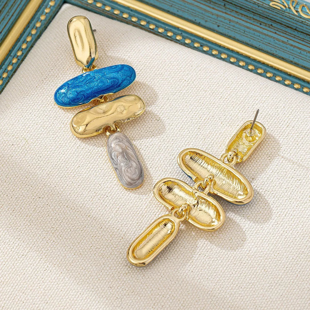 Geometric zinc alloy stud earrings with electroplated multicolor finish