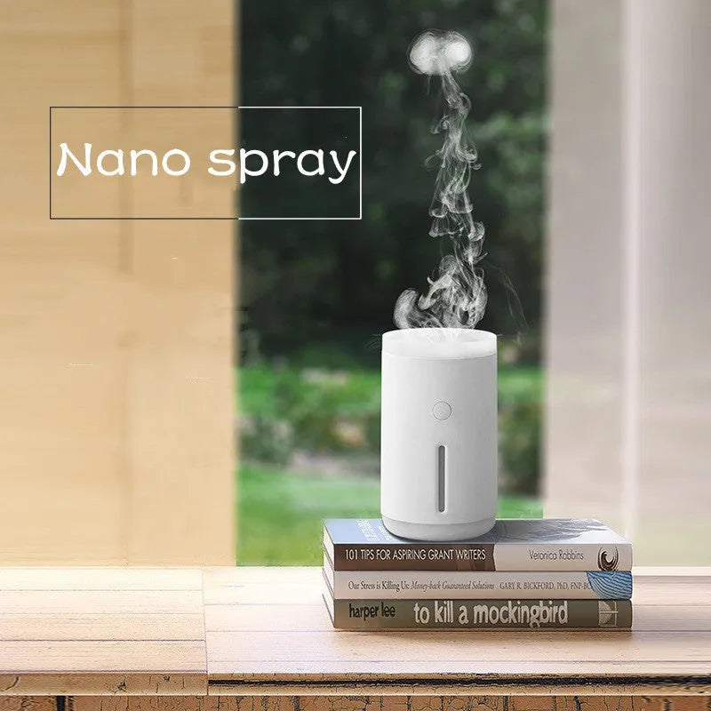 Porcelain white spitting circle humidifier with 360ml tank, USB power, and atmosphere lamp, 142*86*86mm