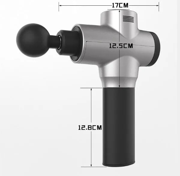 Muscle relaxation massager gun with five interchangeable heads, six frequency gears, and rechargeable battery, 25.2x24cm