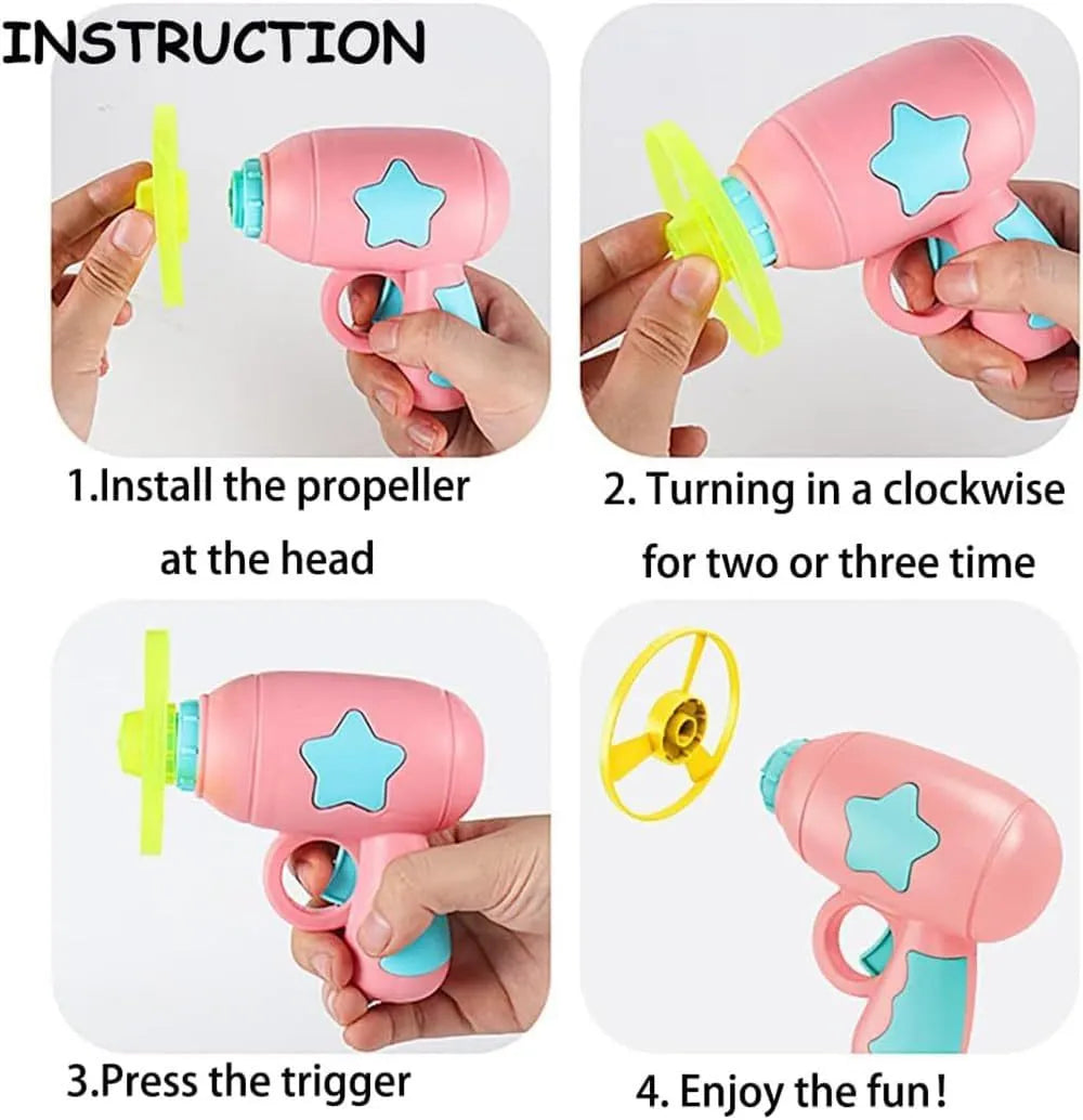 Blue and pink plastic cat toy gun with frisbee measuring 11cm long 10.5cm wide 7.5cm high