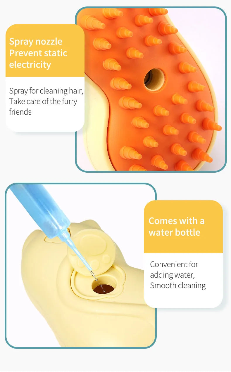 Yellow electric spray pet grooming brush for cats and dogs with massage bristles