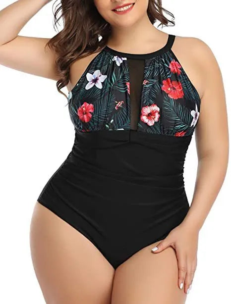 Women's one-piece swimsuit with lace detailing in black, red flower, or stripes patterns, sizes L to 4XL