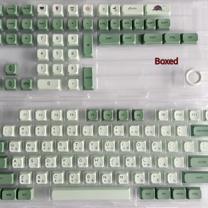 124 Matcha green PBT keycaps with white dye-sublimated legends, arranged in a keyboard layout.