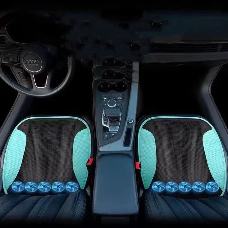 USB-powered ventilated car seat cushion measuring 48x46cm with multiple fan options