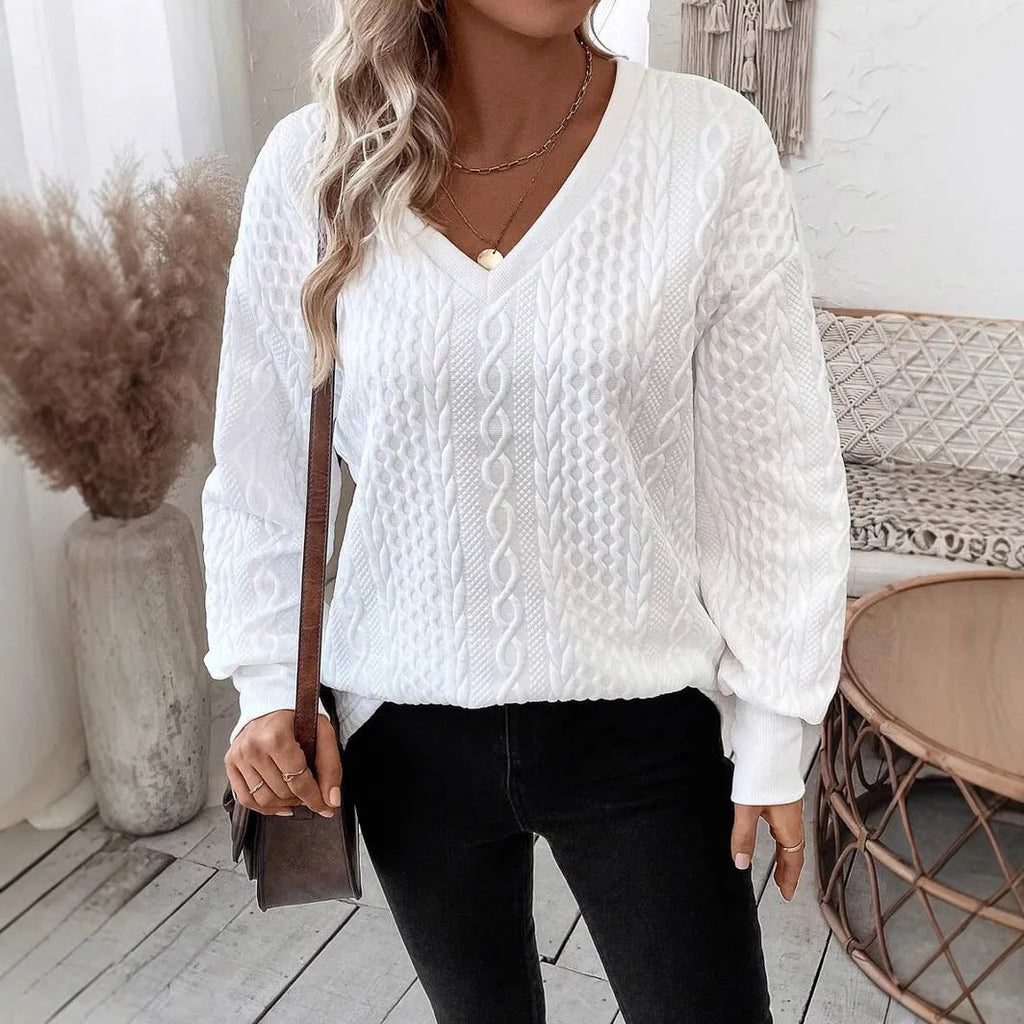 Milky White loose long sleeve T-shirt with 3D pattern, showing front view of polyester fabric and regular sleeves