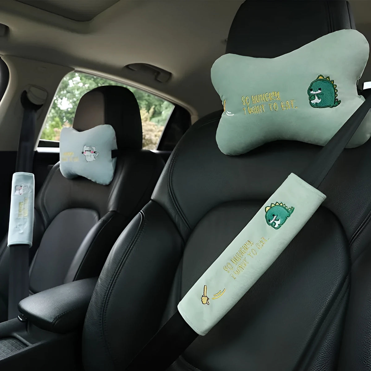 Plush embroidered car headrest shoulder pad in blue, green, black or pink with cartoon lion, dinosaur, kitten, puppy or rabbit motif