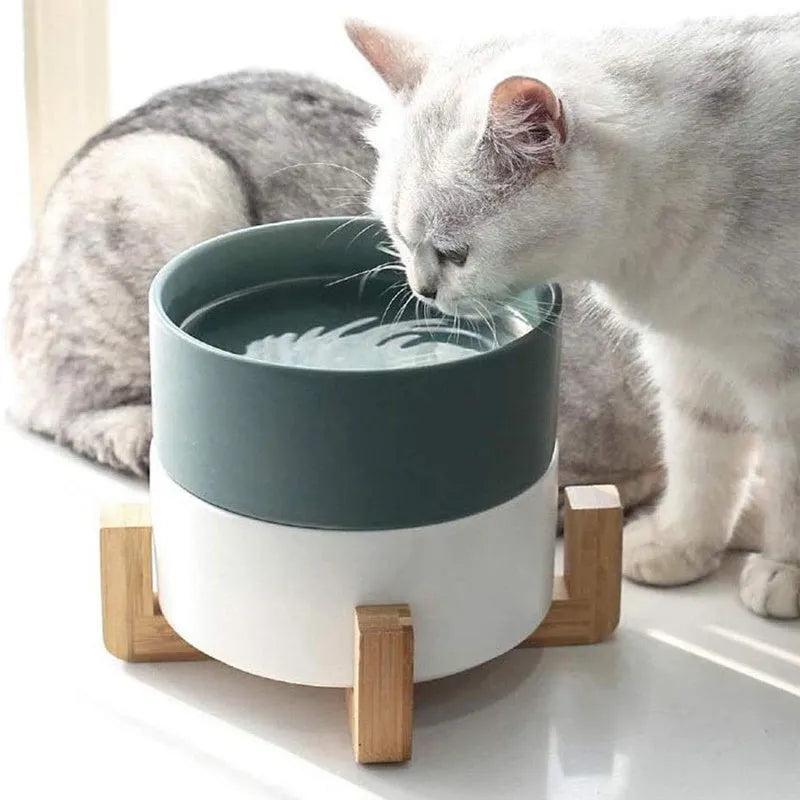 Ceramic cat and dog food bowl with bamboo wood frame, 15.5cm diameter, monochrome pet dish