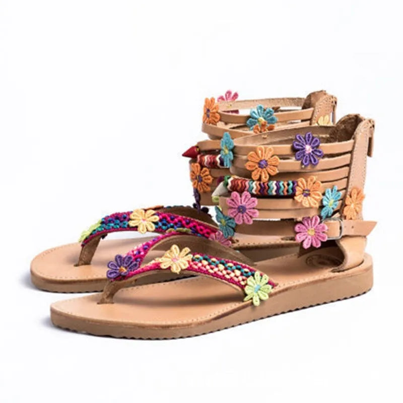 Ethnic style beaded petal sandals with round toe design and floral decorations in suit colour
