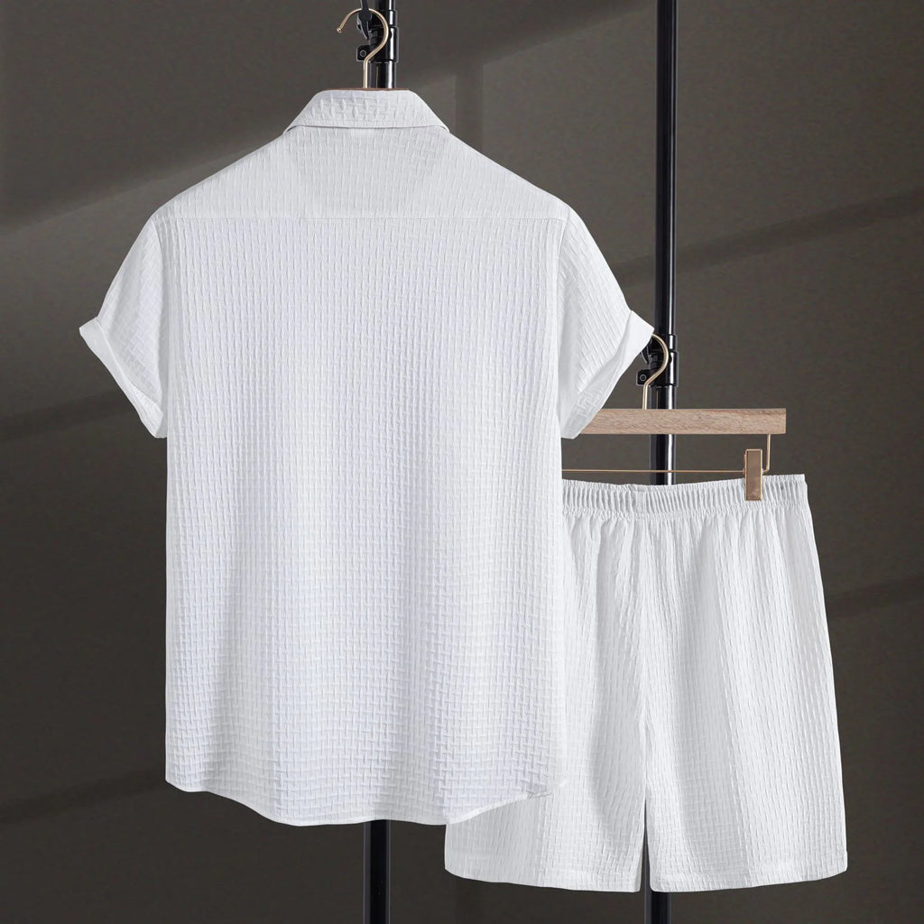 Men's cotton blend shirt and shorts set in black or white with short sleeves for summer leisure wear