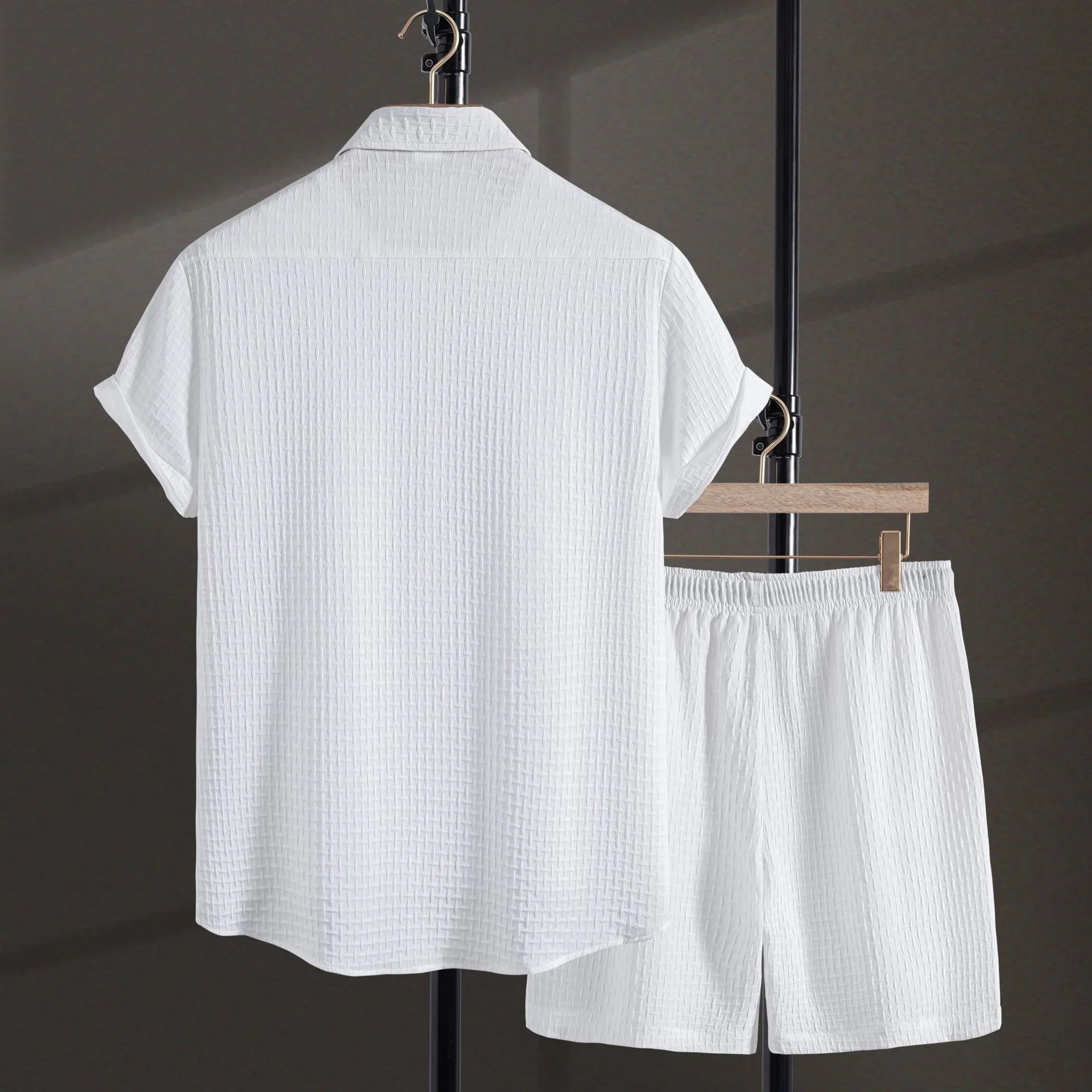 Men's cotton blend shirt and shorts set in black or white with short sleeves for summer leisure wear