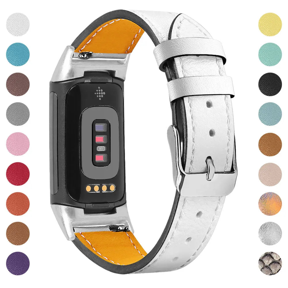 Genuine leather strap for Fitbit Charge5 and Charge6 in multiple colours, adjustable 5.5-8.1 inch length