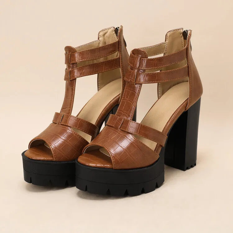 Round toe platform high heel sandals with back zipper in black, wine red, and yellow colours