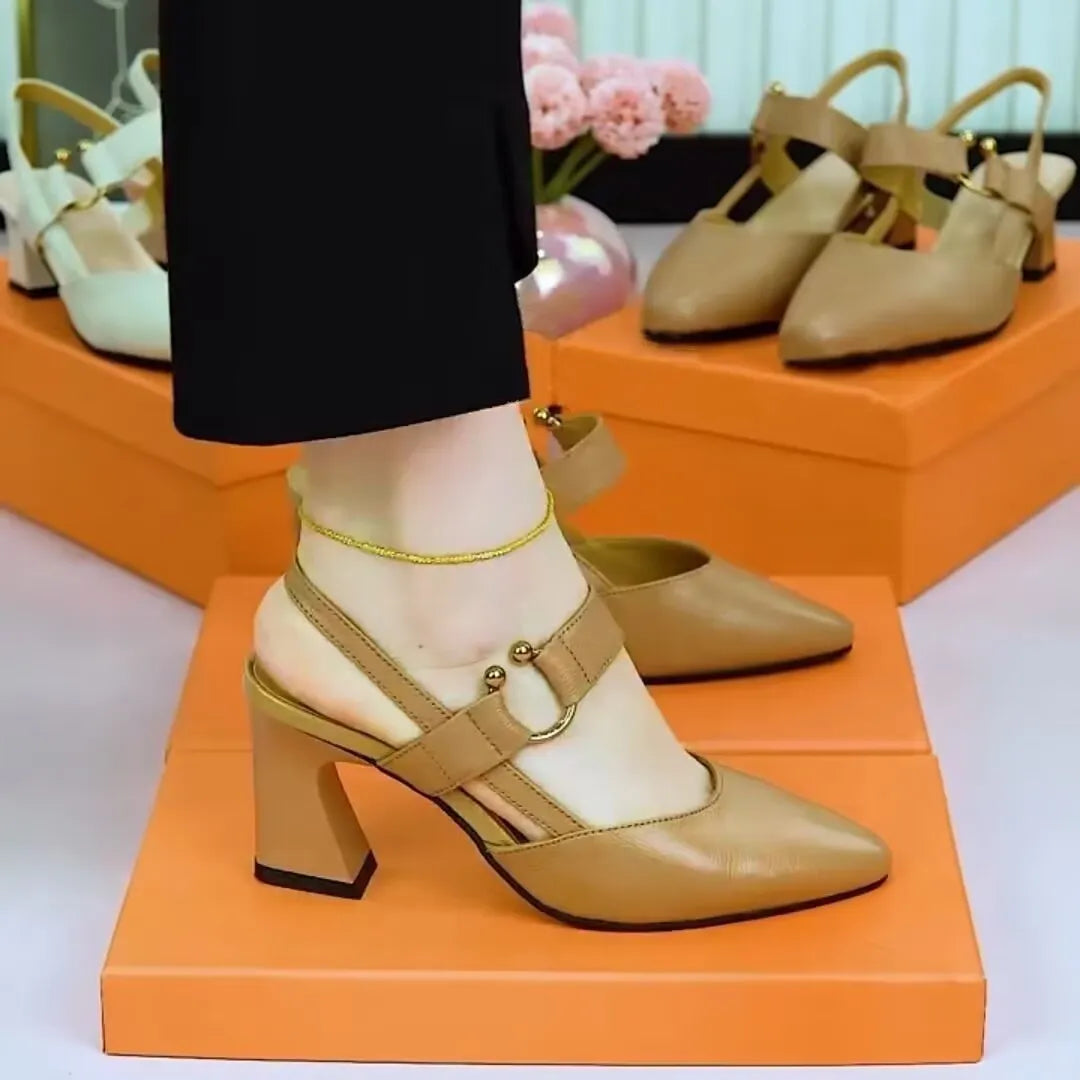 Women's closed toe leather sandals with chunky heel in apricot colour, showing pigskin upper and rubber sole