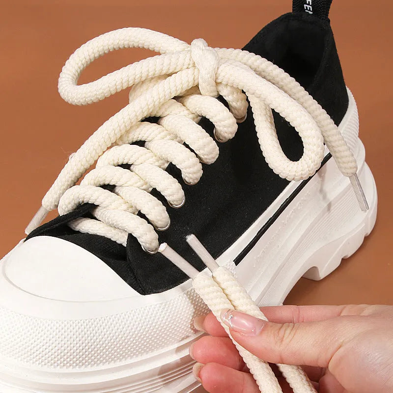 Round woven shoelaces in black, white and beige colours showing 10mm diameter and length variations