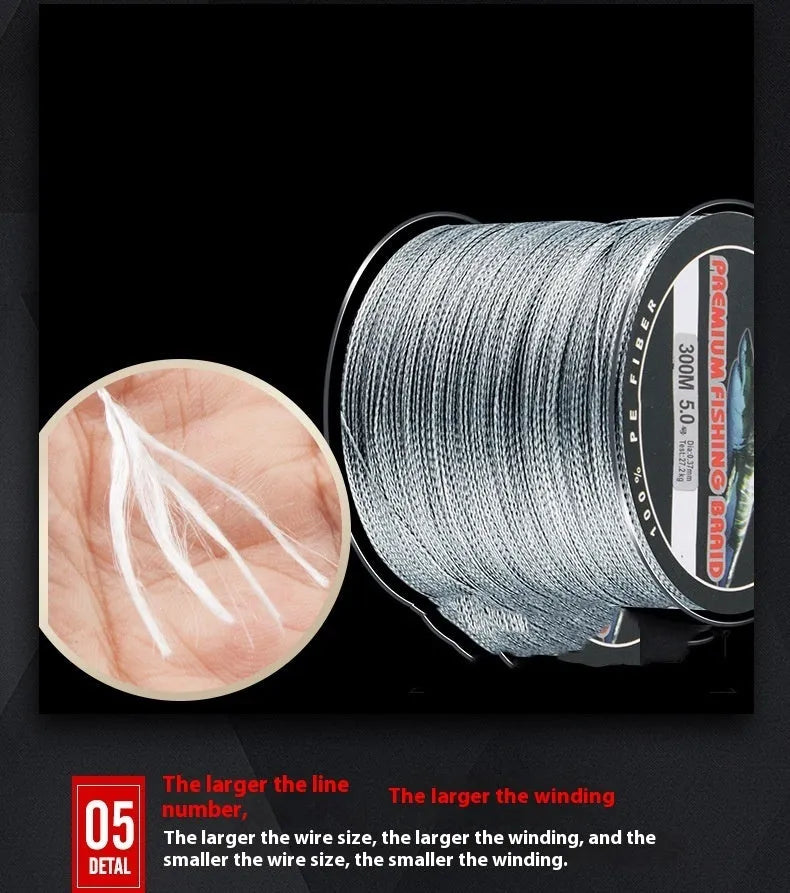 300 metre PE fishing line reel with 4-section design showing multiple colour options