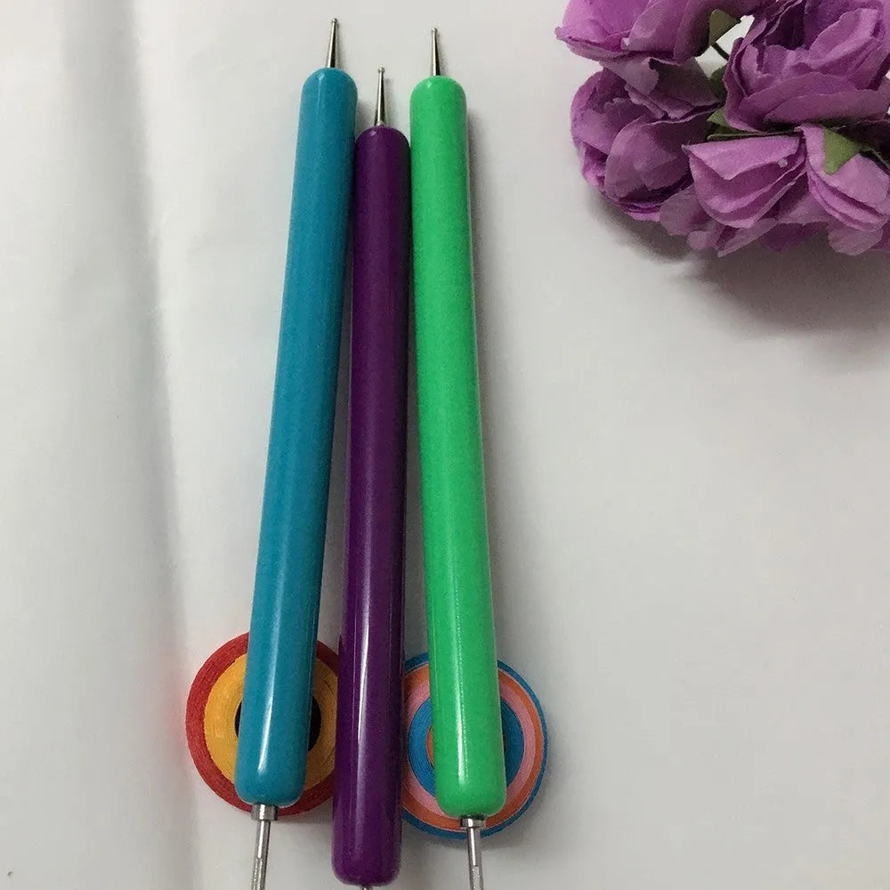 Purple five-piece quilling paper pen set with 0.3mm and 1.3mm slotted pens and a 1.1mm needle stylus.