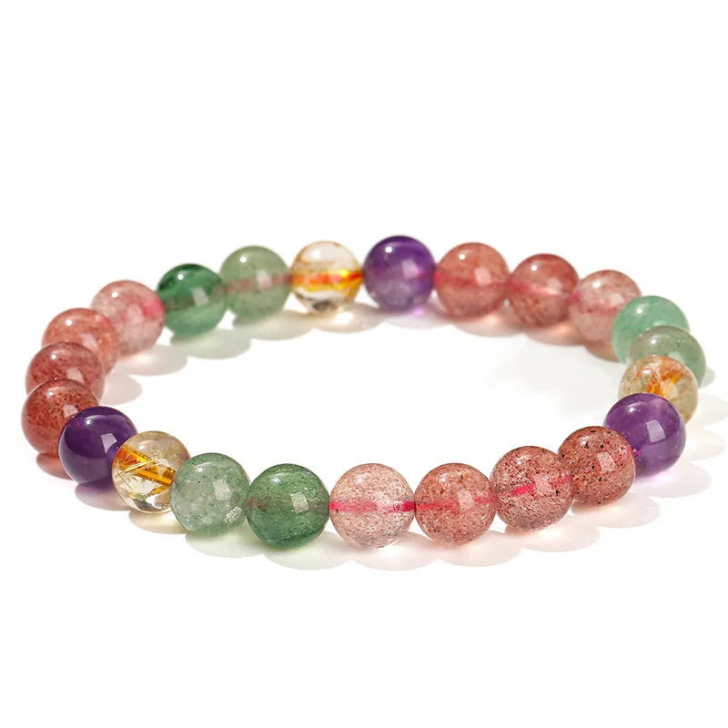 Women's strawberry quartz bracelet with round beads in a natural tourmaline colour