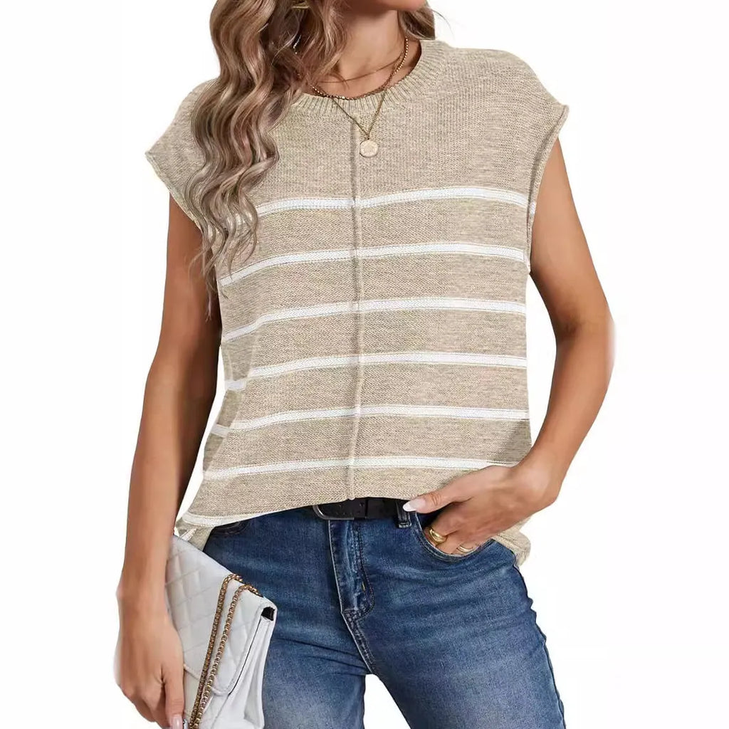 Women's striped sleeveless vest pullover with bone stitching details in multiple colour options