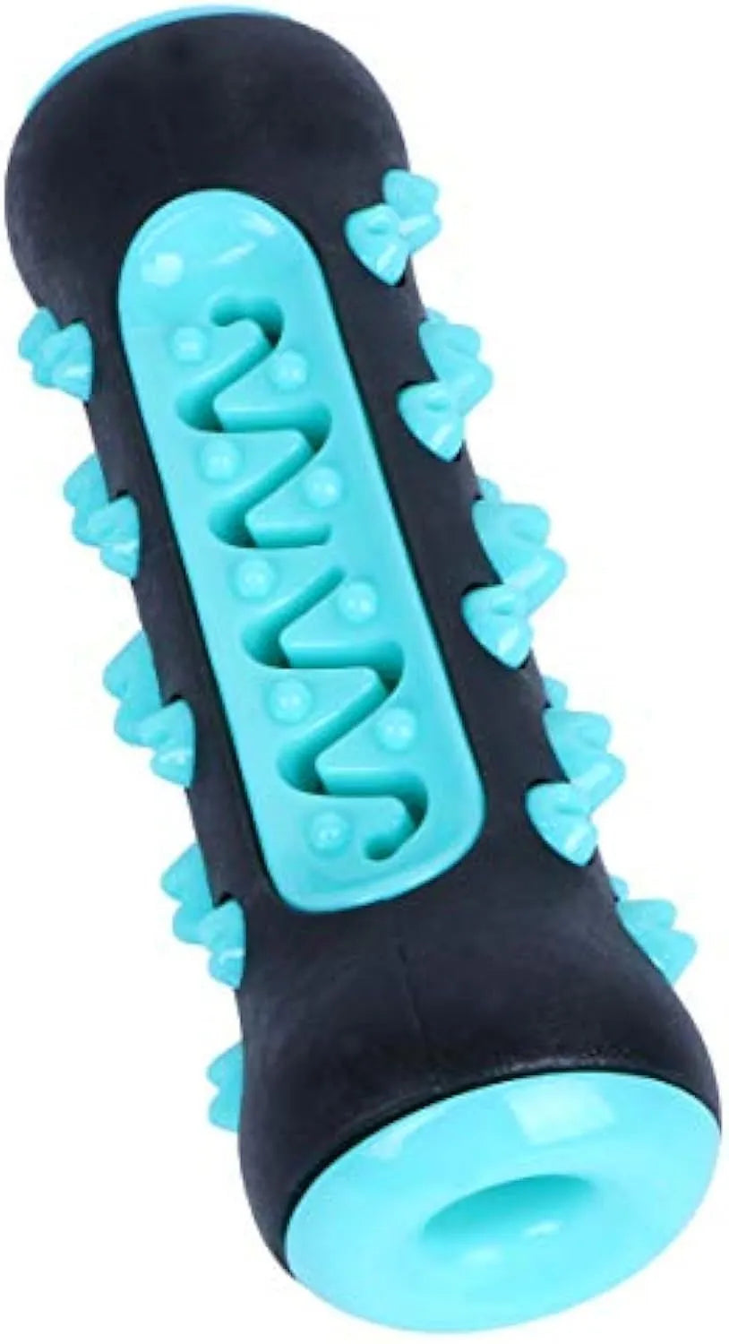 Natural rubber dog toothbrush chew toy in blue colour, measuring 15cm long, for dental cleaning and boredom reduction