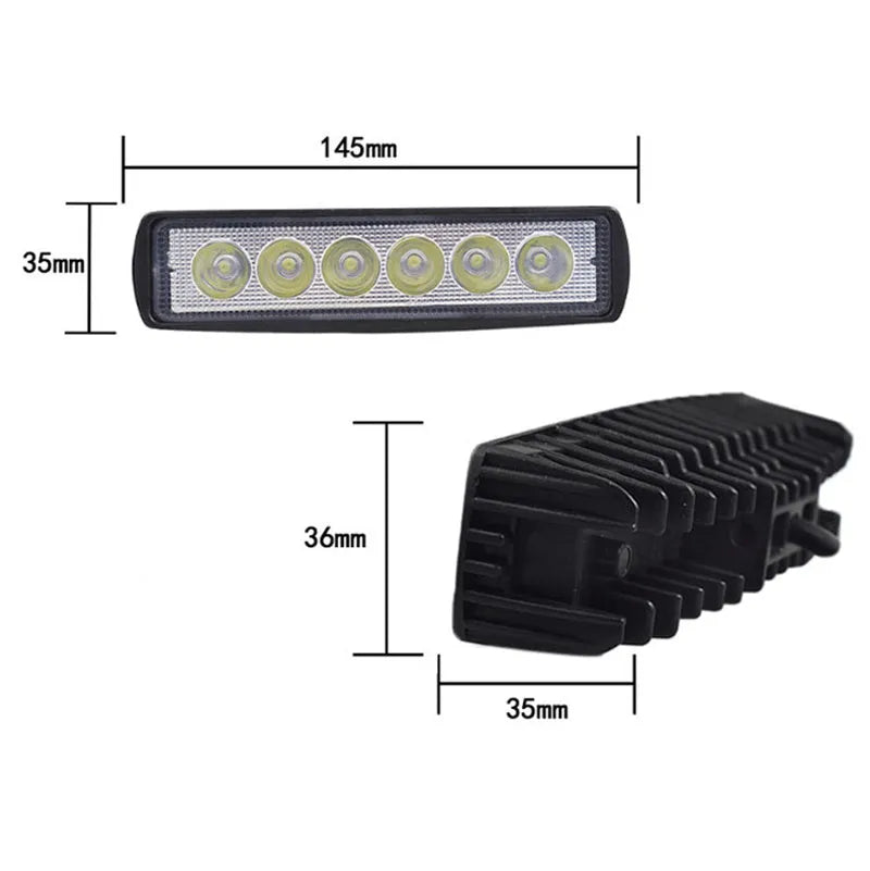 Black car auxiliary light with die-cast aluminium housing and polycarbonate cover showing six LED configuration