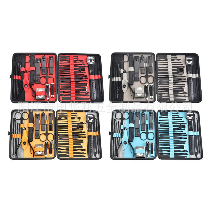 Stainless steel manicure set in PU leather case, available in red, grey, yellow or blue, 10 to 36 pieces.