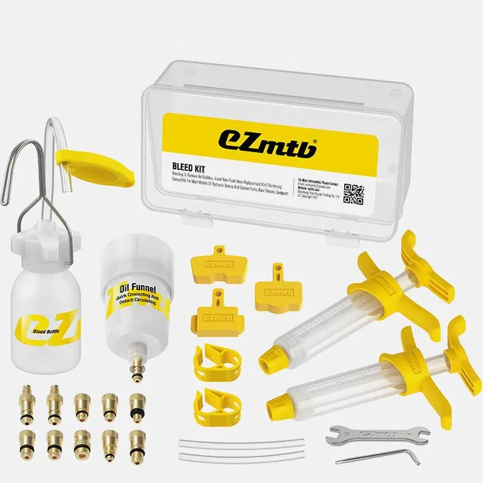 Bicycle hydraulic brake bleed kit with syringes, adapters, wrenches and bleeding bottle for disc brake maintenance