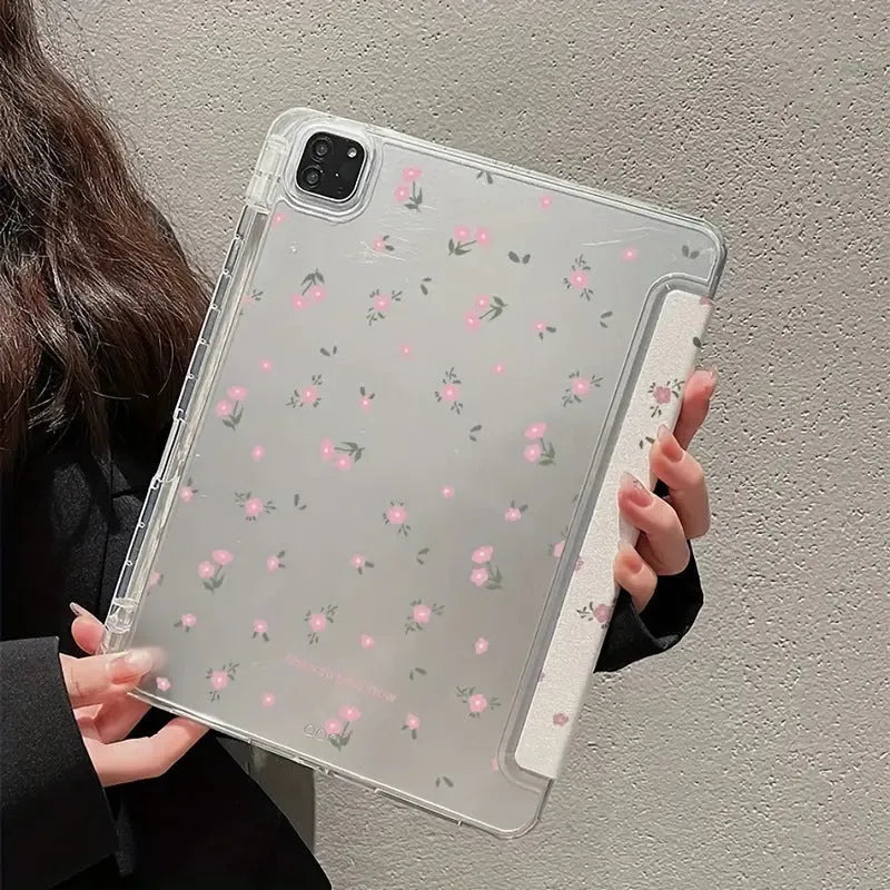Transparent floral tri-fold protective case for Apple iPad showing magnetic bracket function