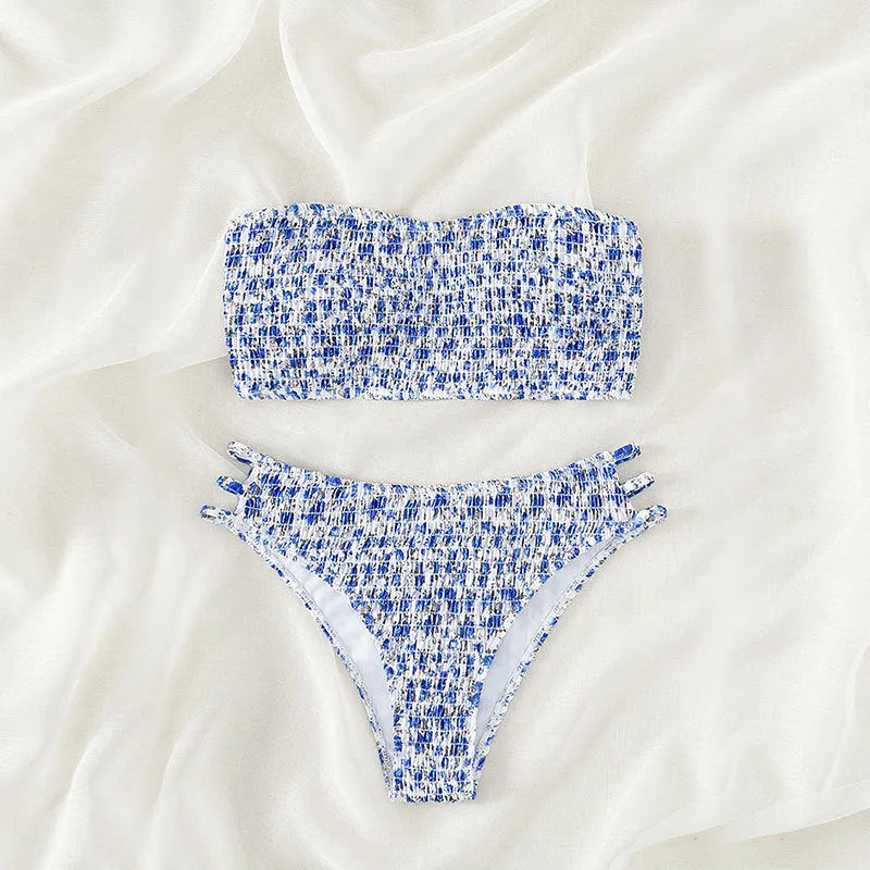 Women's strapless floral swimsuit with beauty back design and high waist briefs