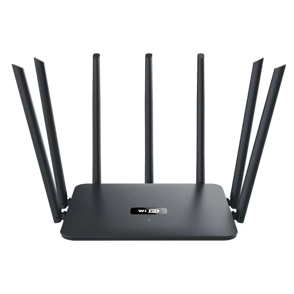 Dual-band wireless router in black or white with multiple antennas for whole-house WiFi coverage