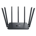 Dual-band wireless router in black or white with multiple antennas for whole-house WiFi coverage