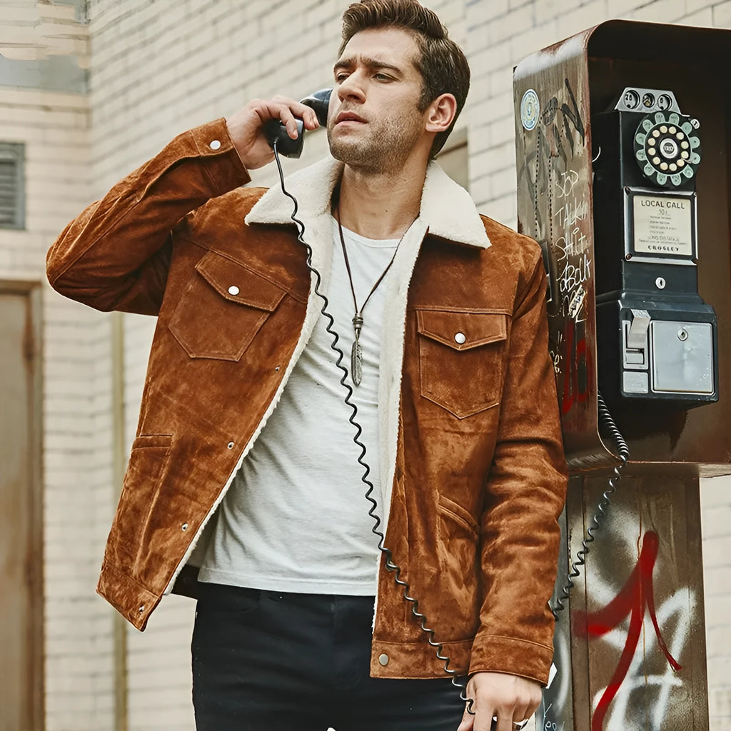 Men's brown pigskin leather jacket with cotton padding, lapel collar, single-breasted front, straight regular fit