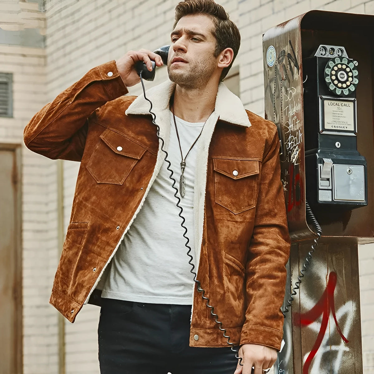 Men's brown pigskin leather jacket with cotton padding, lapel collar, single-breasted front, straight regular fit