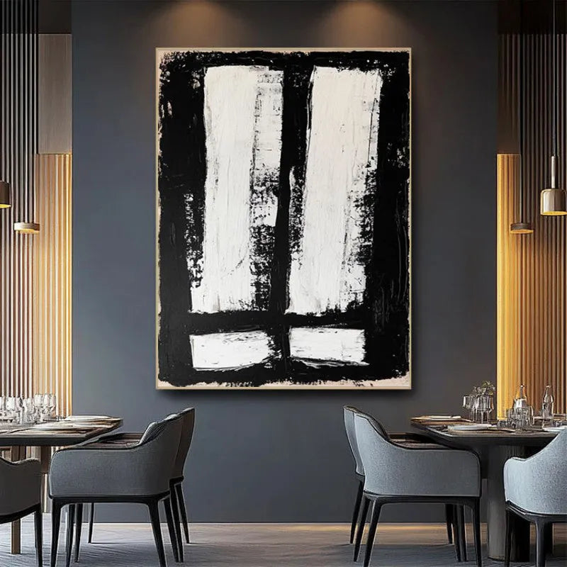 Black and white hand-painted abstract oil painting on rolled frameless canvas for home wall decor