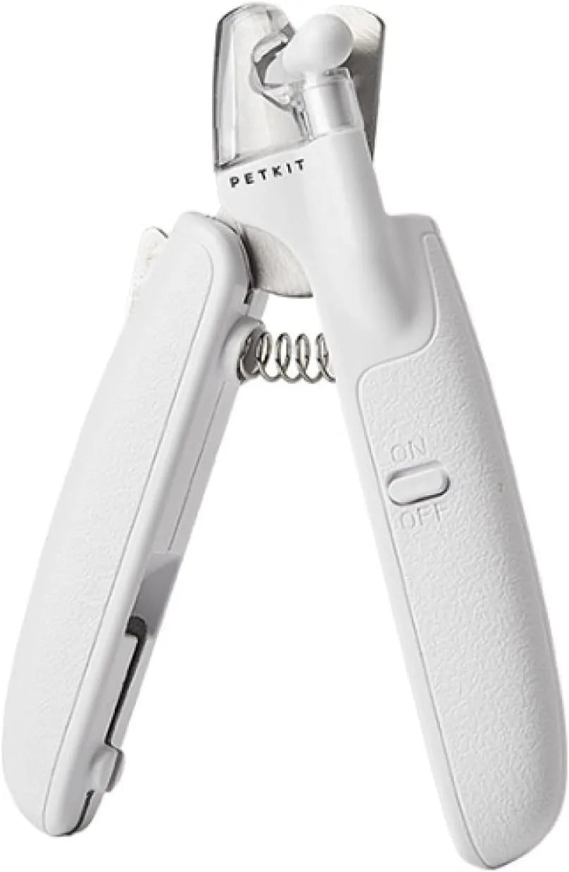 White LED pet nail clippers with transparent baffle and file, 14.8cm long