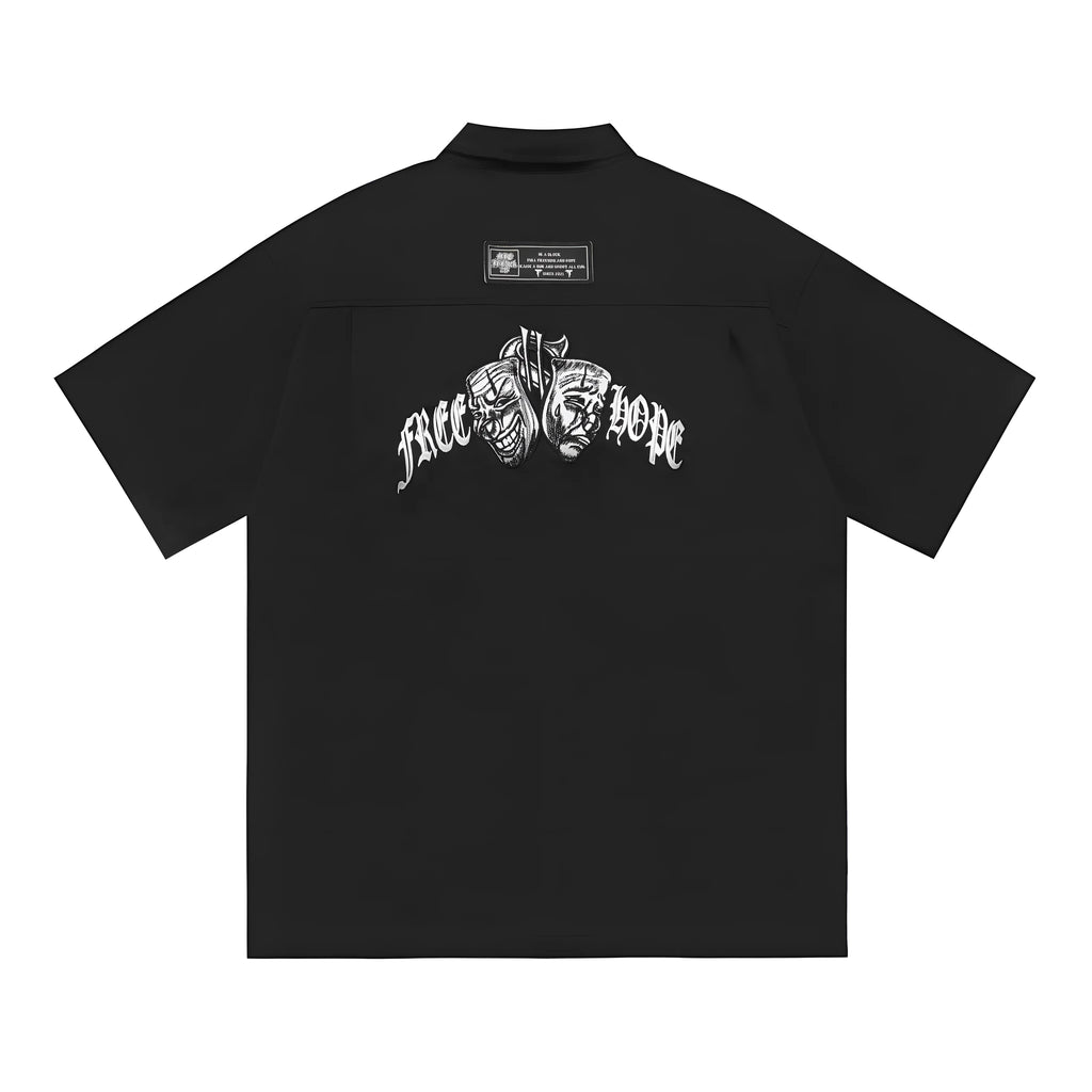 Men's black cotton blend work shirt with embroidery detailing and chest pocket