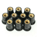 Pack of 10 black rubber brass well nut fasteners for motorcycle windshields in M4, M5, and M6 sizes.