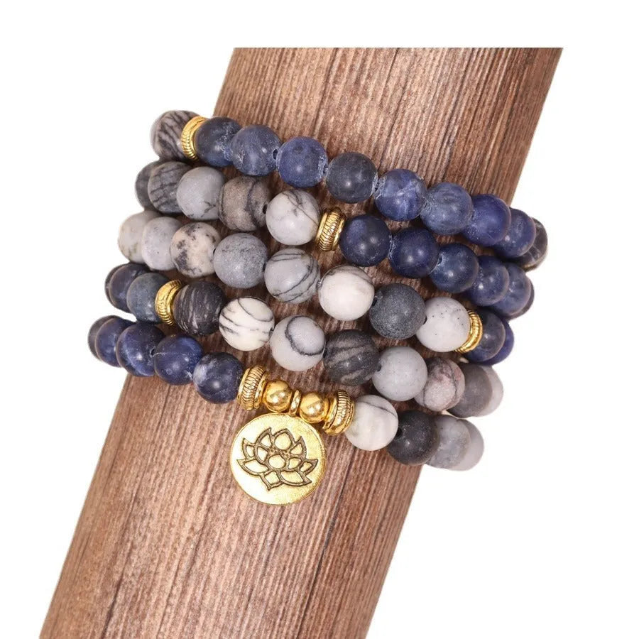 Multi layer bracelet with blue patterned network stone beads in fresh and sweet natural style