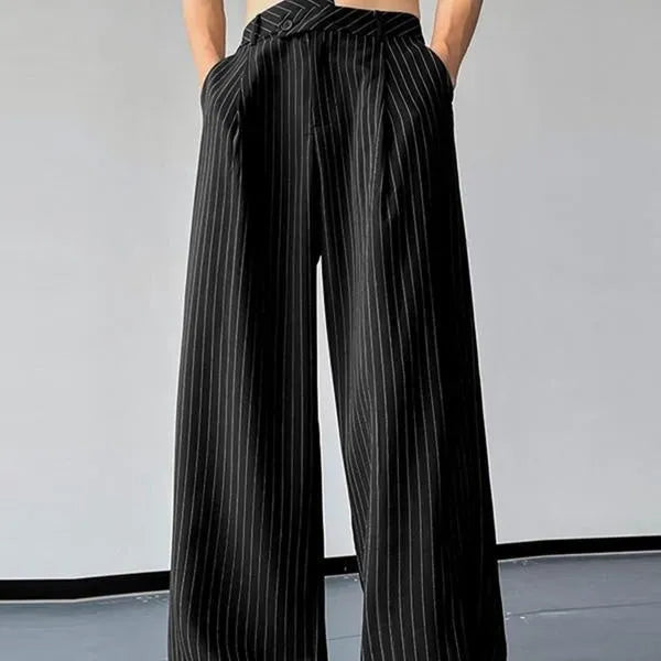 Men's black vertical striped pleated casual trousers showing high elasticity fabric and rabbit hair bamboo fibre blend