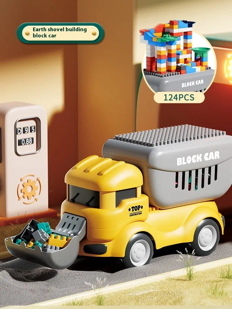Large particle plastic building block toy car on wheels for children aged 4 to 6, in dinosaur duck shovel and pressure car themes