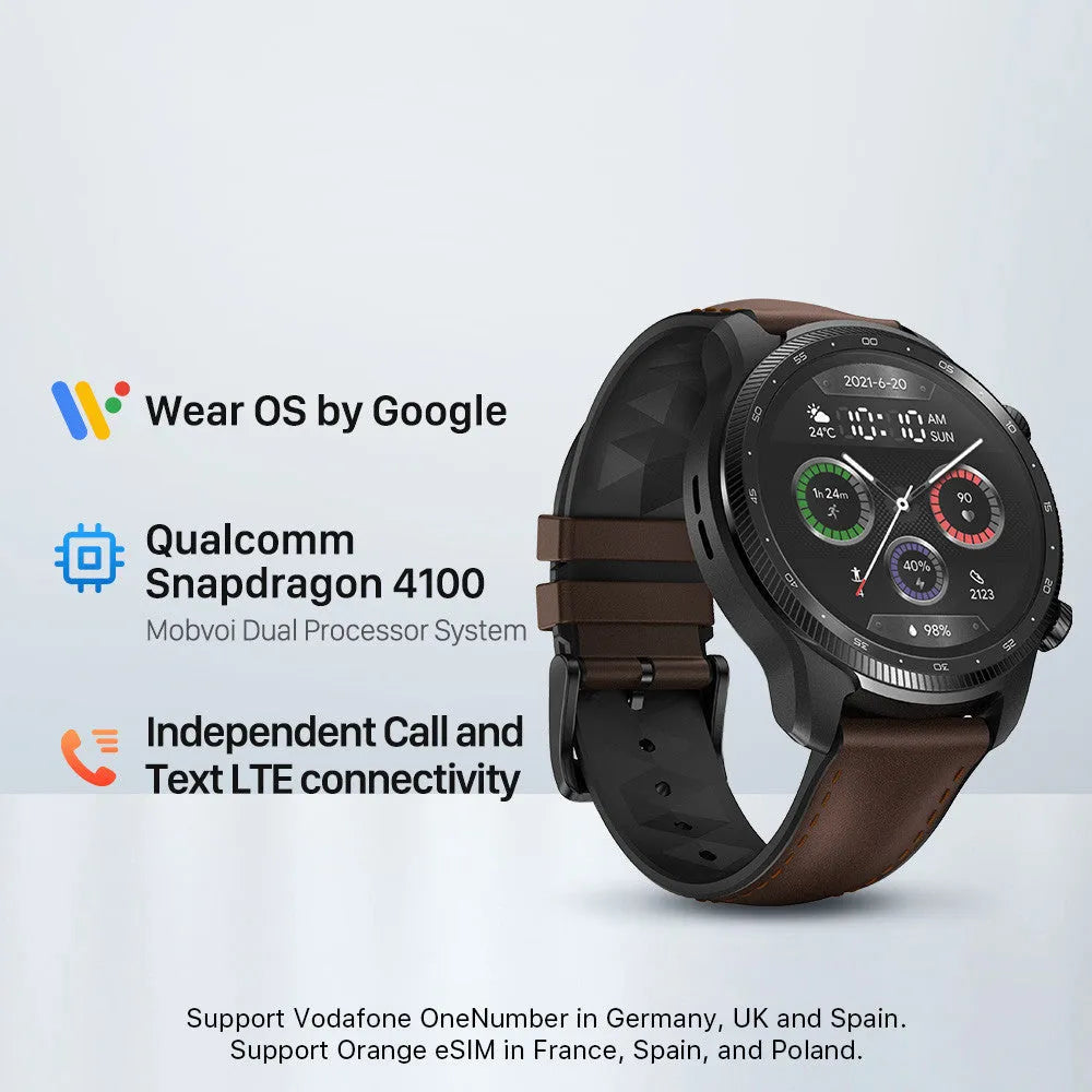 Ticwatch Pro X smart watch with 47mm diameter, dual-layer display, and black strap showing on a wrist