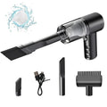 Black handheld portable cordless car vacuum cleaner with USB charging cable.