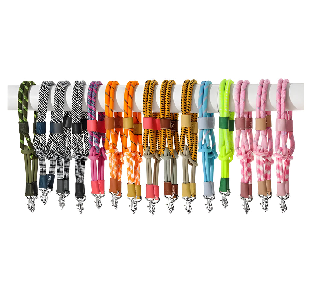 Braided nylon and cowhide rope shoulder strap with alloy buckle in gold or silver, shown in 78cm and 100cm lengths.