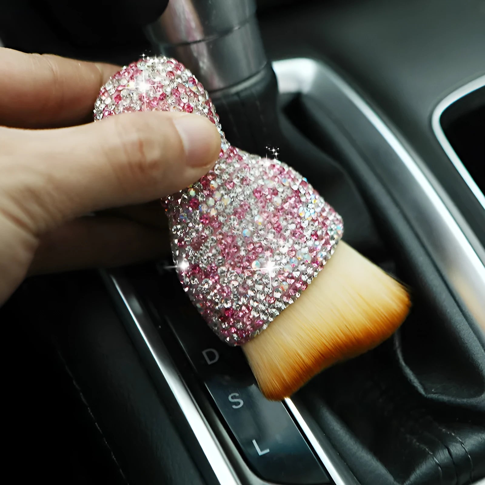 Car interior cleaning brush with soft PVC bristles in three colour options