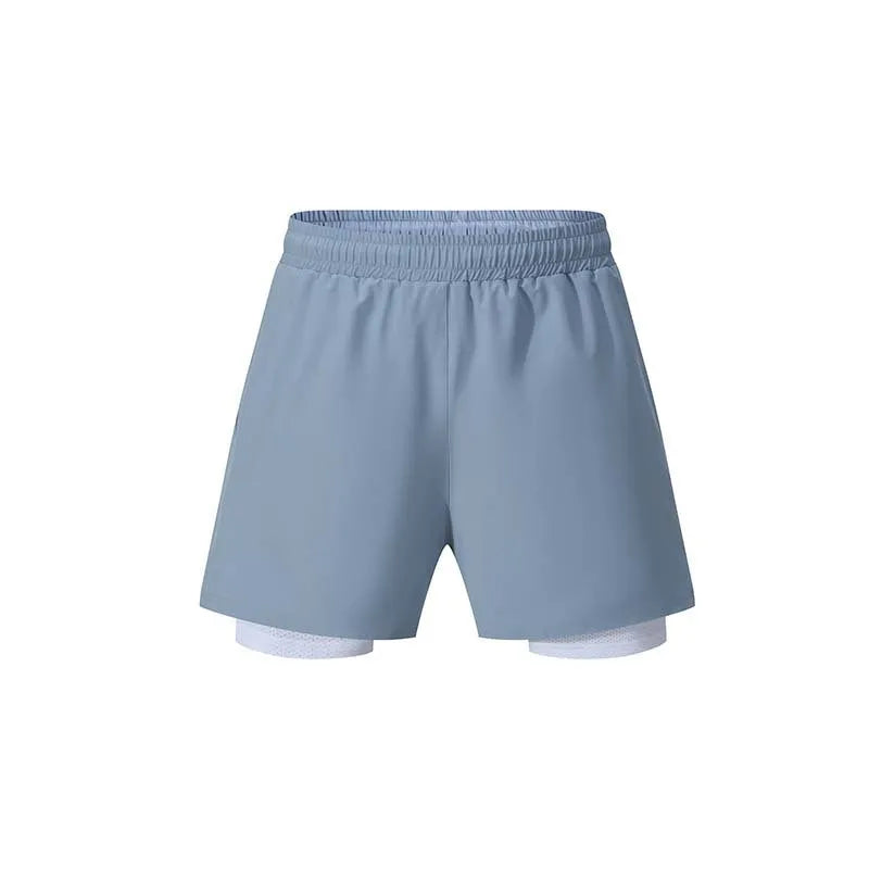Men's black double-layer sports shorts with elastic waistband for running and fitness training.