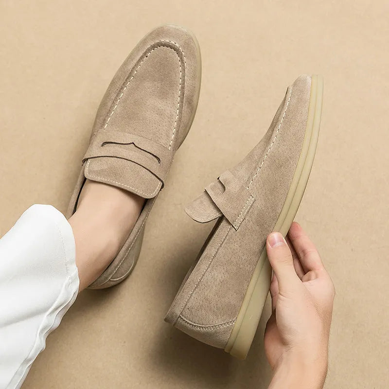 Men's slip-on leather shoes in beige with round toe and 3-5cm heel, showing two-layer cowhide upper