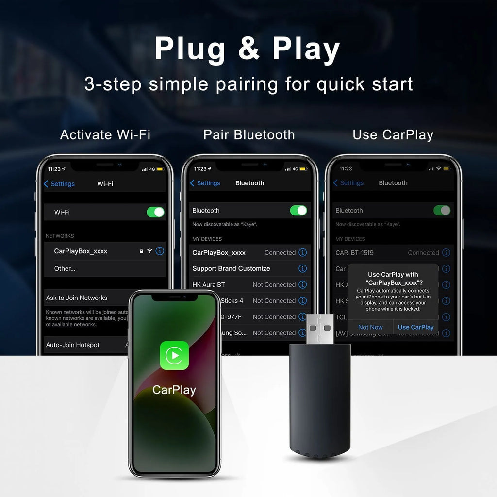 Wireless CarPlay adapter box, ABS PC, 40x20x12mm, for 2017+ cars with factory wired CarPlay