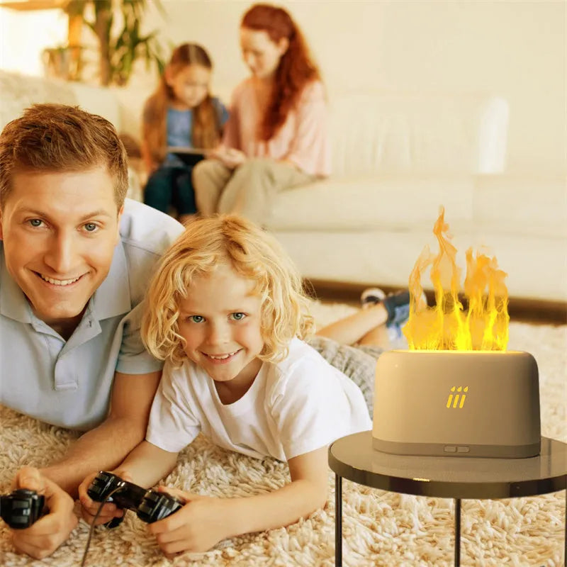 Black flame aroma diffuser humidifier with LED lights creating flame effect on wooden table